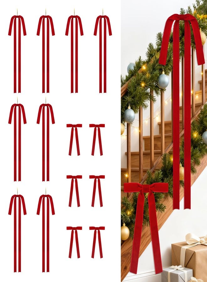 LLWAN 14 Pcs Red Velvet Bows Ornaments for Christmas Tree, Staircase, Fireplace, Wreath, Garland, Swag, Door (15 * 24 inch,8 Pieces and 7 * 5 inch,6 Pieces) - Image 2